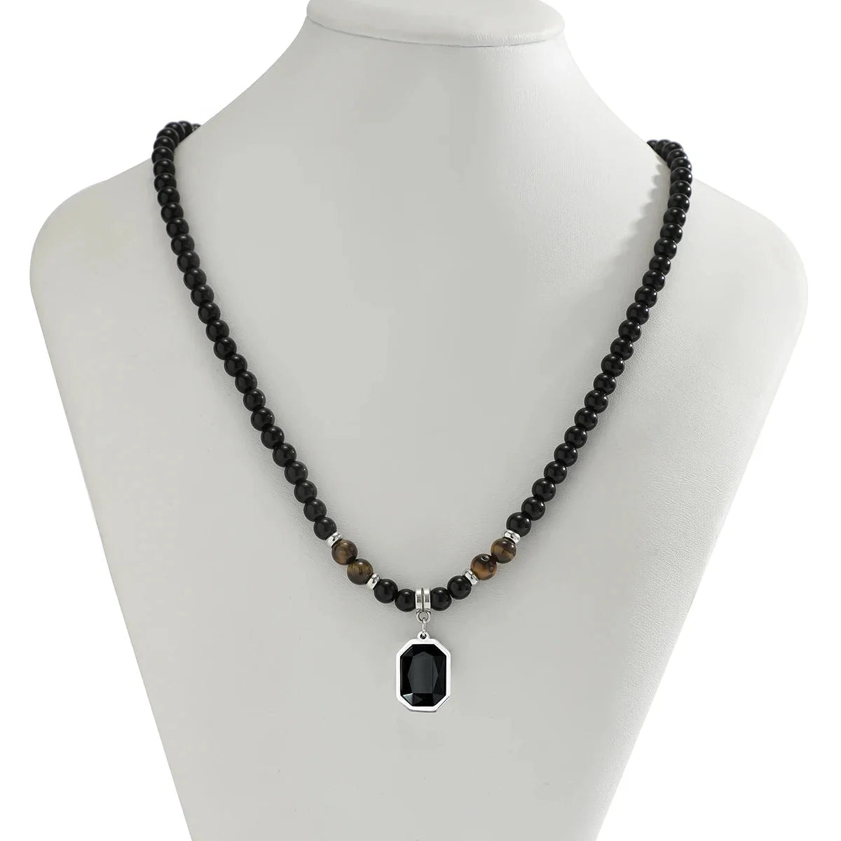 Men's Black Beaded Necklace, Rectangular Pendant
 - ModishWorld