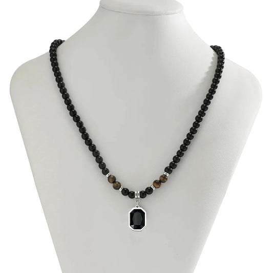 Men's Black Beaded Necklace, Rectangular Pendant
 - ModishWorld