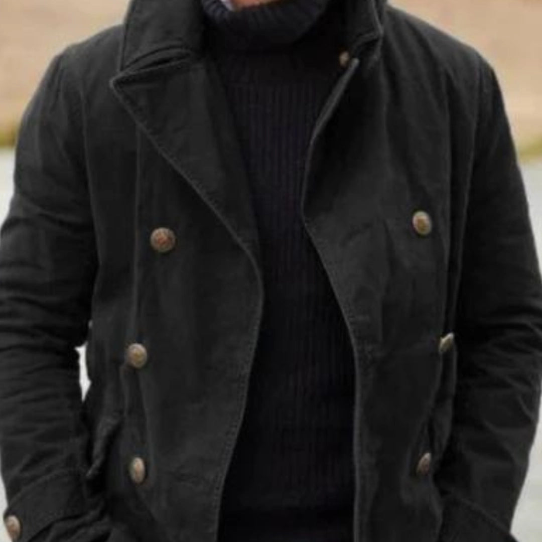 Men's Black Corduroy Double-Breasted Jacket, Brass Buttons, Winter
 - ModishWorld