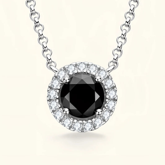 925 Sterling Silver Black Diamond Moissanite Halo Pendant Necklace, 45+5cm Chain
 - ModishWorld