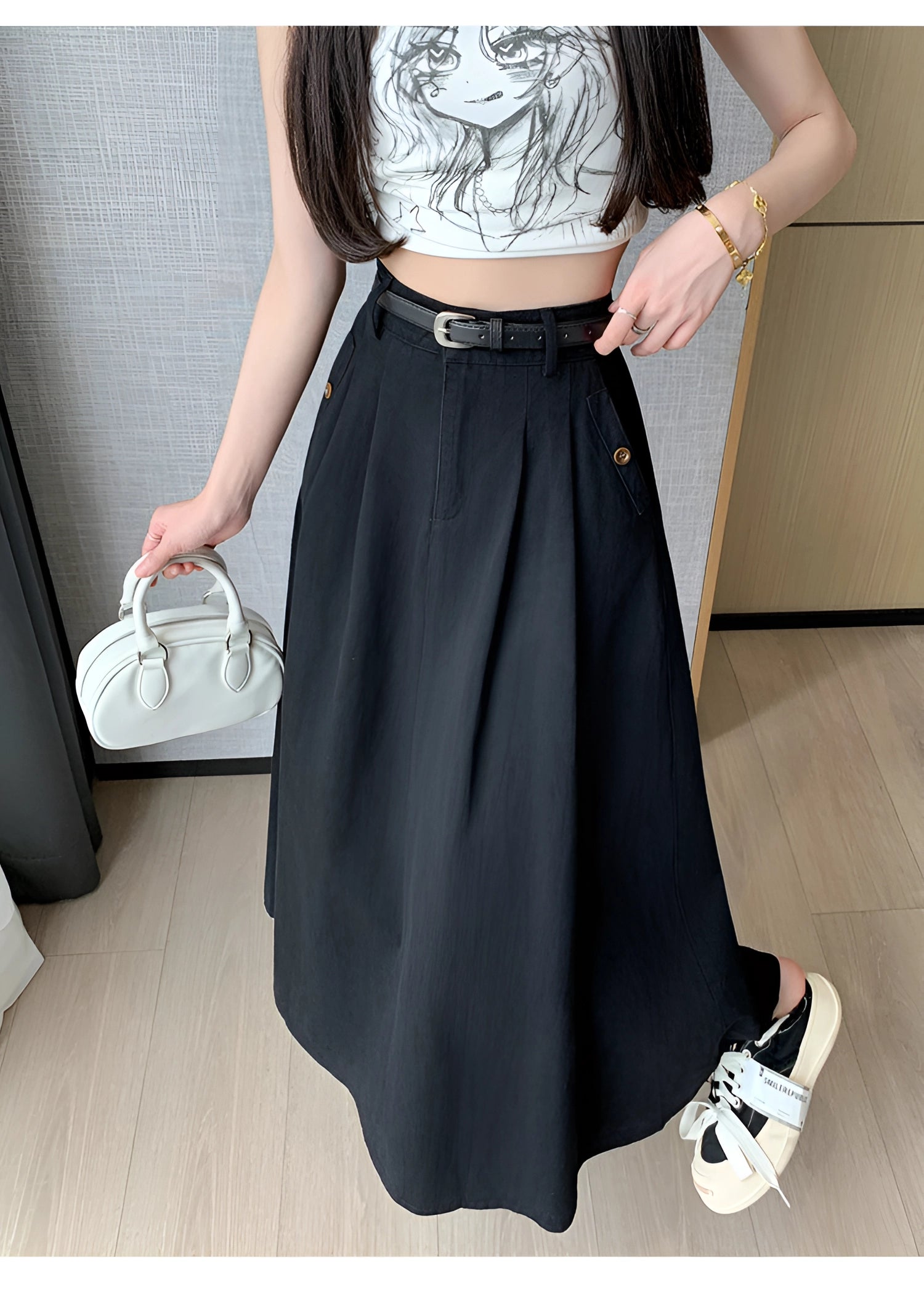 A-line Black Skirt, High-Waisted, Button & Belt Loop Detail
 - ModishWorld