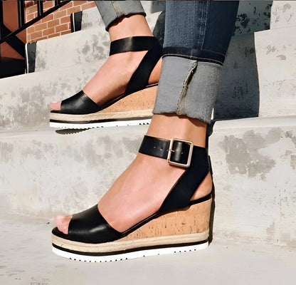 Black Leather Cork Platform Wedge Sandals with Buckled Ankle Strap
 - ModishWorld