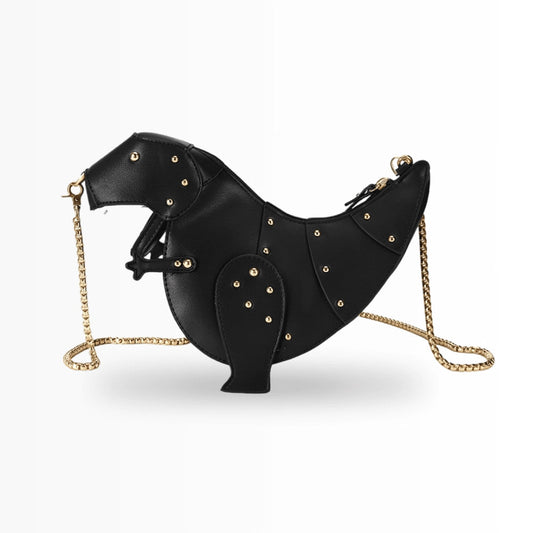 Black Leather Crossbody Bag, Horse Design, Gold Chain Strap
 - ModishWorld
