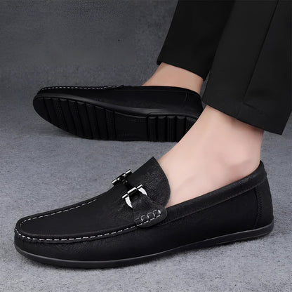 Men's Black Leather Loafers with Metal Buckle
 - ModishWorld