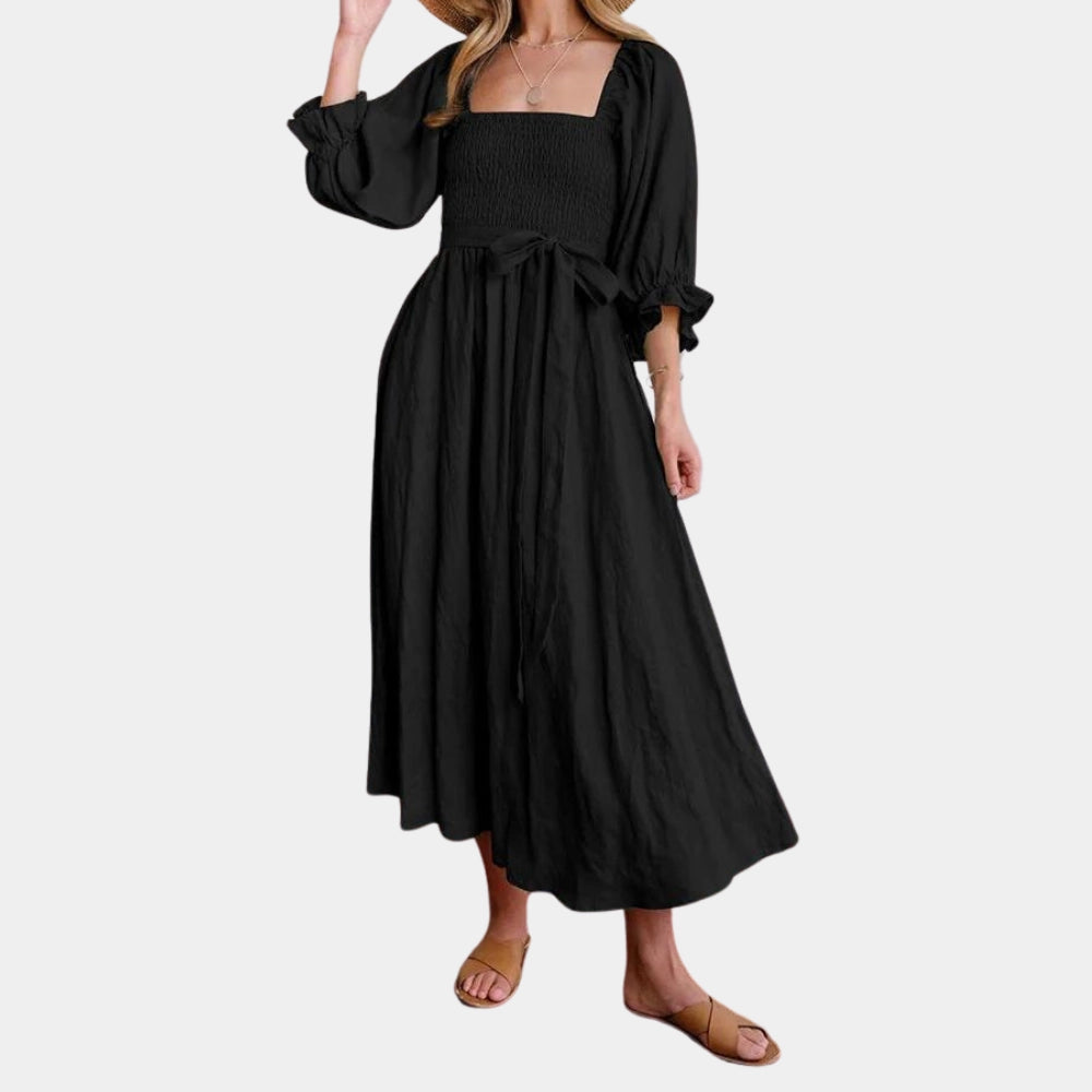 Elegant Casual Black Midi Dress with Puff Sleeves and Tie Waist for Sp