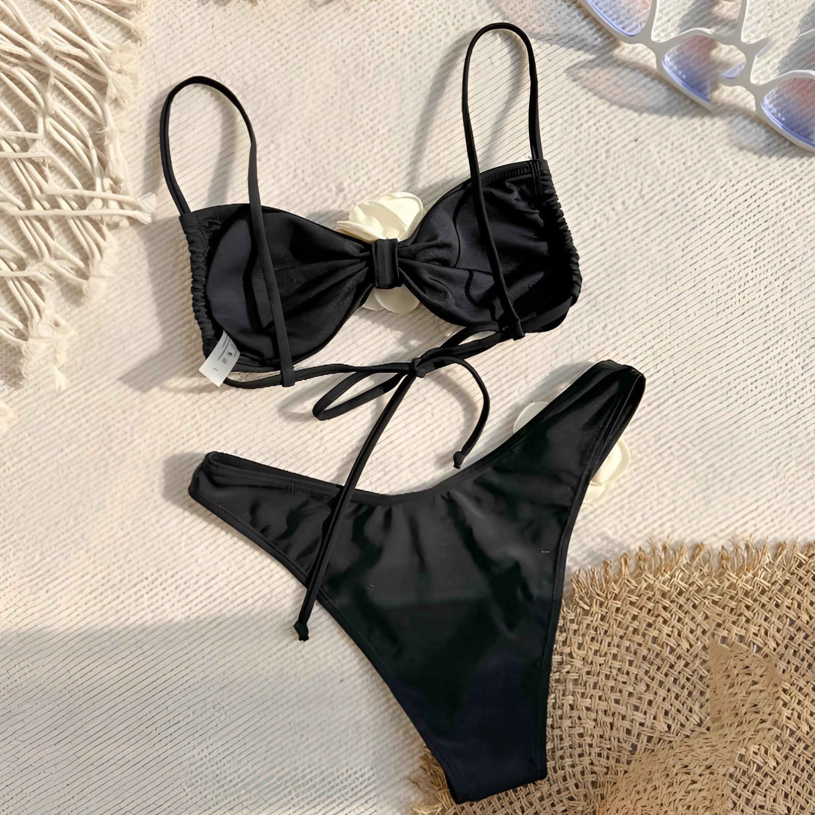 Adjustable Black Satin Bikini with Tie-Front Top and High-Cut Bottoms
 - ModishWorld