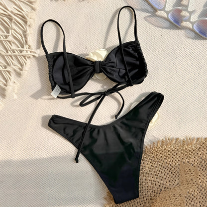 Adjustable Black Satin Bikini with Tie-Front Top and High-Cut Bottoms
 - ModishWorld