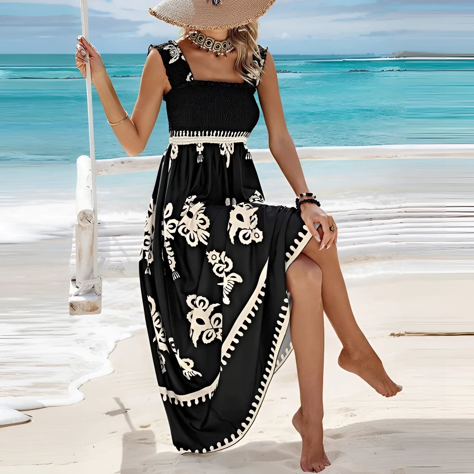 Bohemian-style Black and White Embroidered Maxi Beach Dress – Modish World