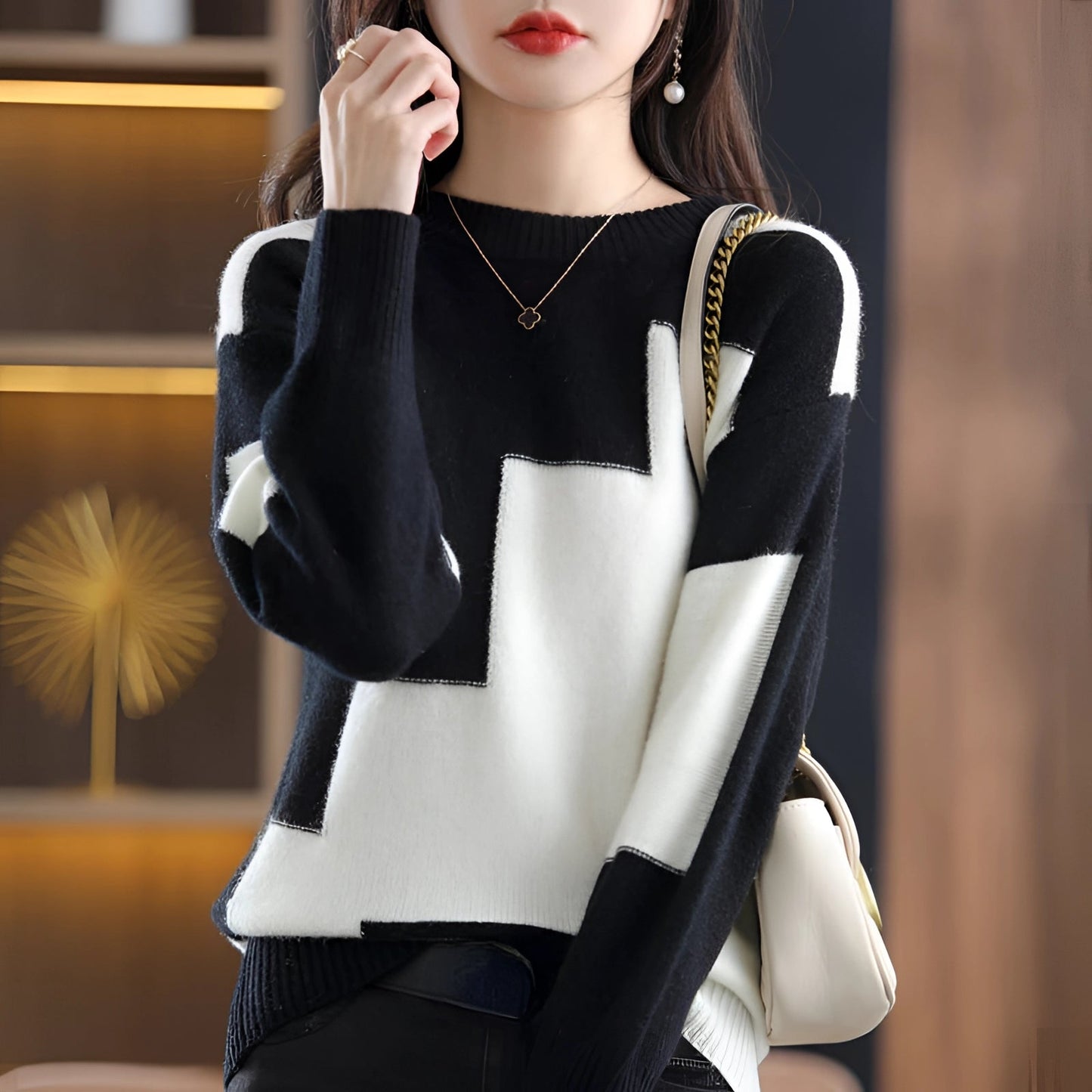 Women's Stylish Geometric Black & White Crew Neck Knit Sweater
 - ModishWorld