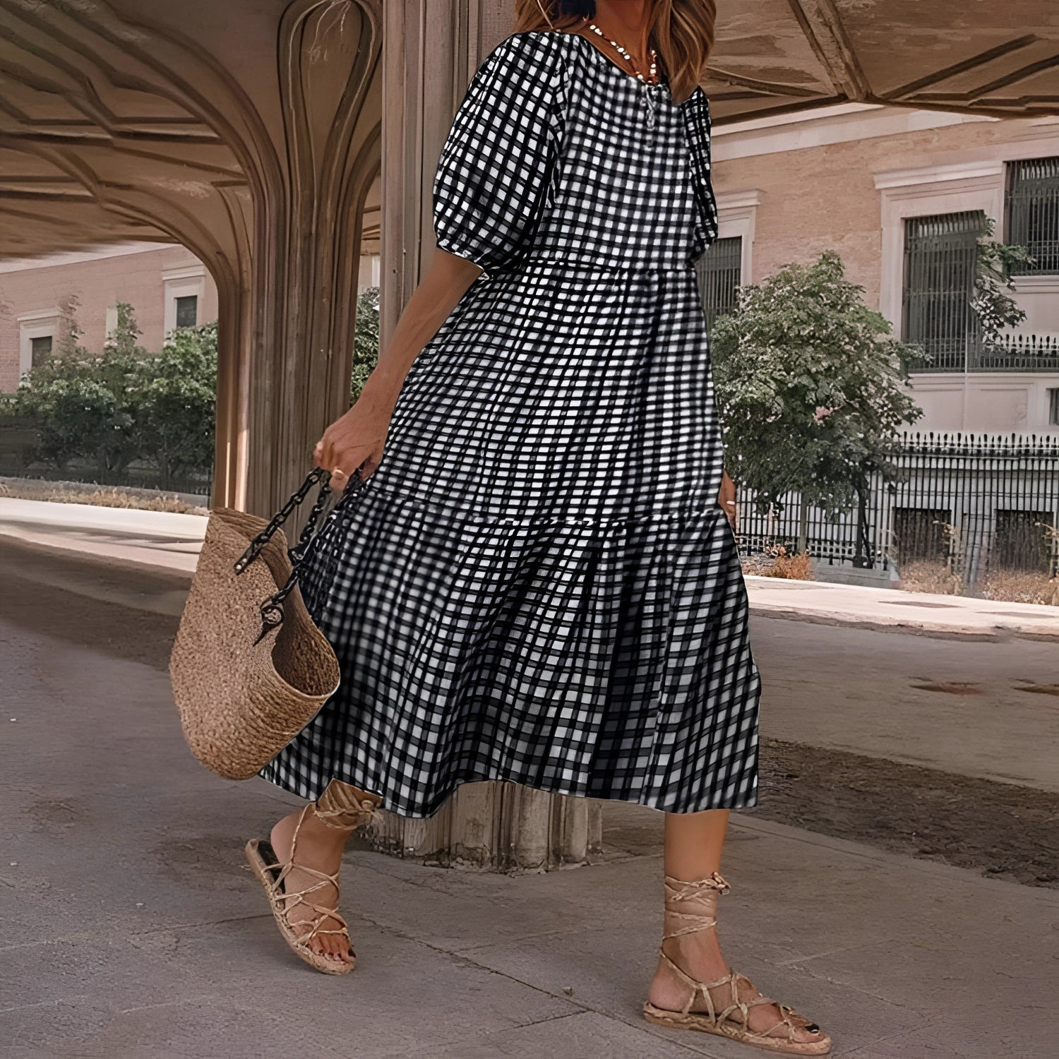 Classic Checkered Midi Dress with Puff Sleeves