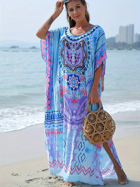 Bohemian Blue Maxi Dress: Tribal Print Beach Cover-Up Kaftan
 - ModishWorld