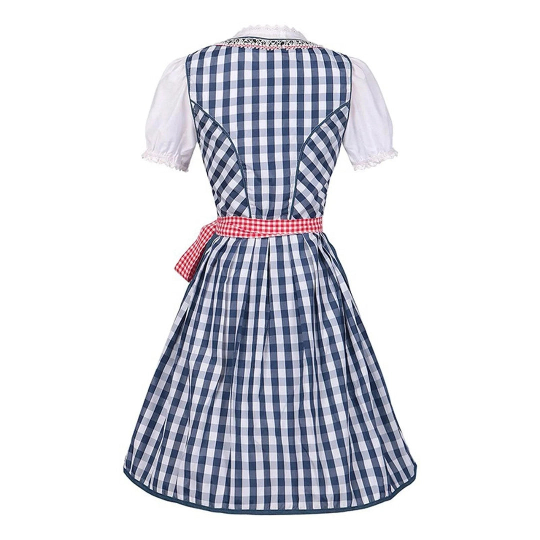 Bavarian Oktoberfest Costume: Blue Checked Dirndl Dress with Pink Ribbon
 - ModishWorld