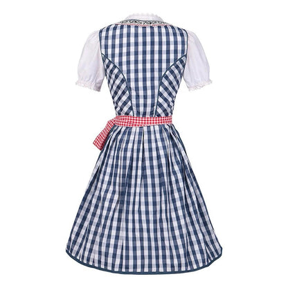 Bavarian Oktoberfest Costume: Blue Checked Dirndl Dress with Pink Ribbon
 - ModishWorld