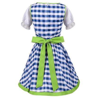 Vintage Storybook Dress: Blue Gingham, Green Sash, Puff Sleeves
 - ModishWorld