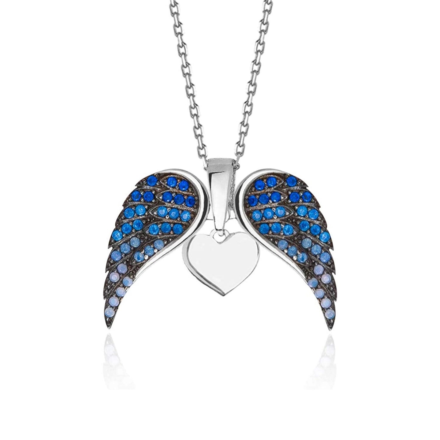 Sterling Silver Heart Pendant Necklace with Blue Sapphire Angel Wings
 - ModishWorld