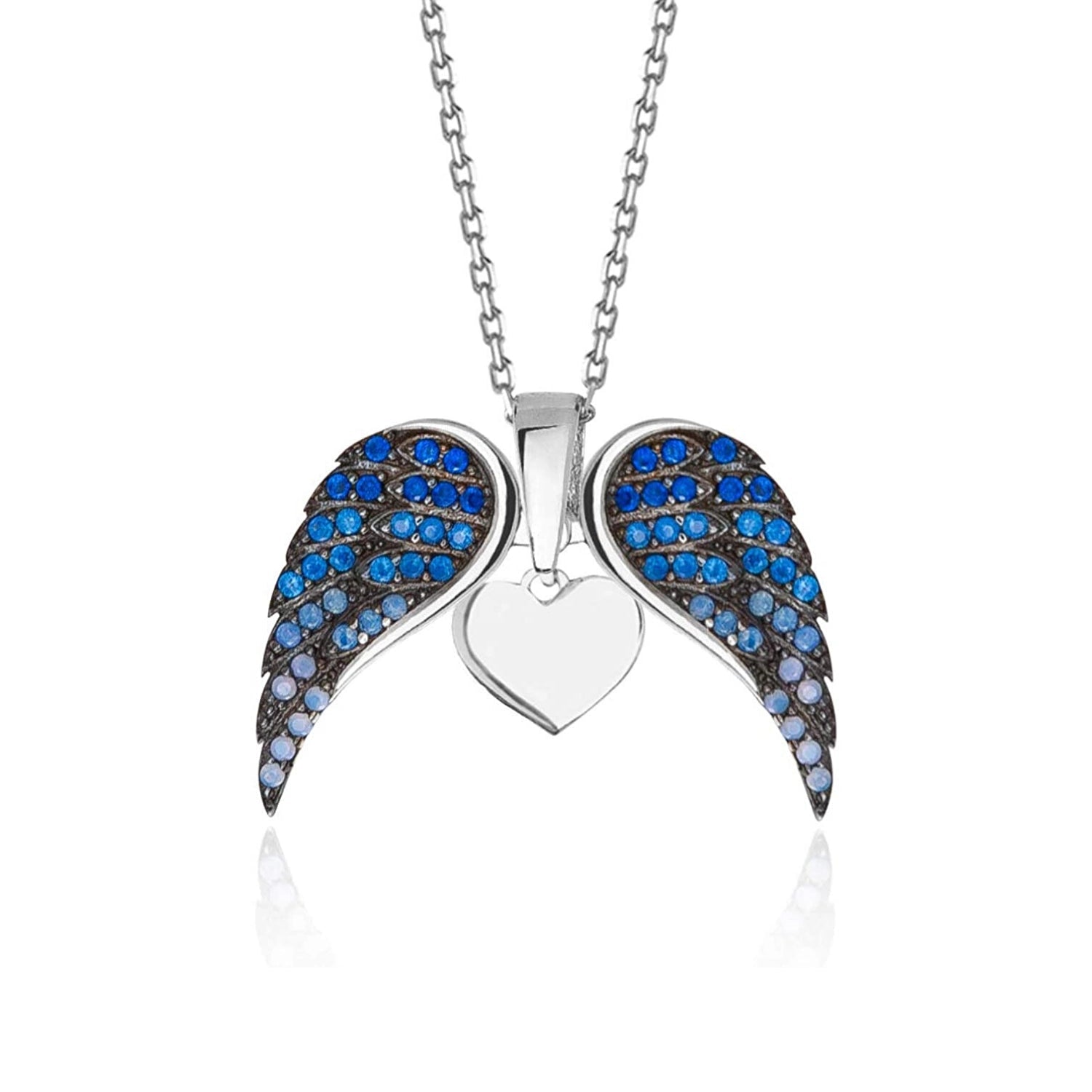 Sterling Silver Heart Pendant Necklace with Blue Sapphire Angel Wings
 - ModishWorld