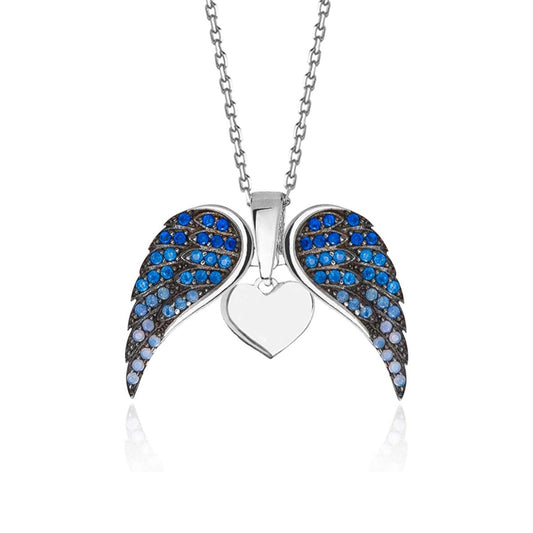 Sterling Silver Heart Pendant Necklace with Blue Sapphire Angel Wings
 - ModishWorld