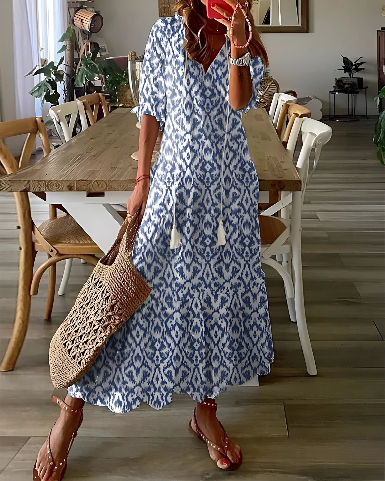 Lightweight V-Neck Blue and White Floral Maxi Dress for Summer, Boho S