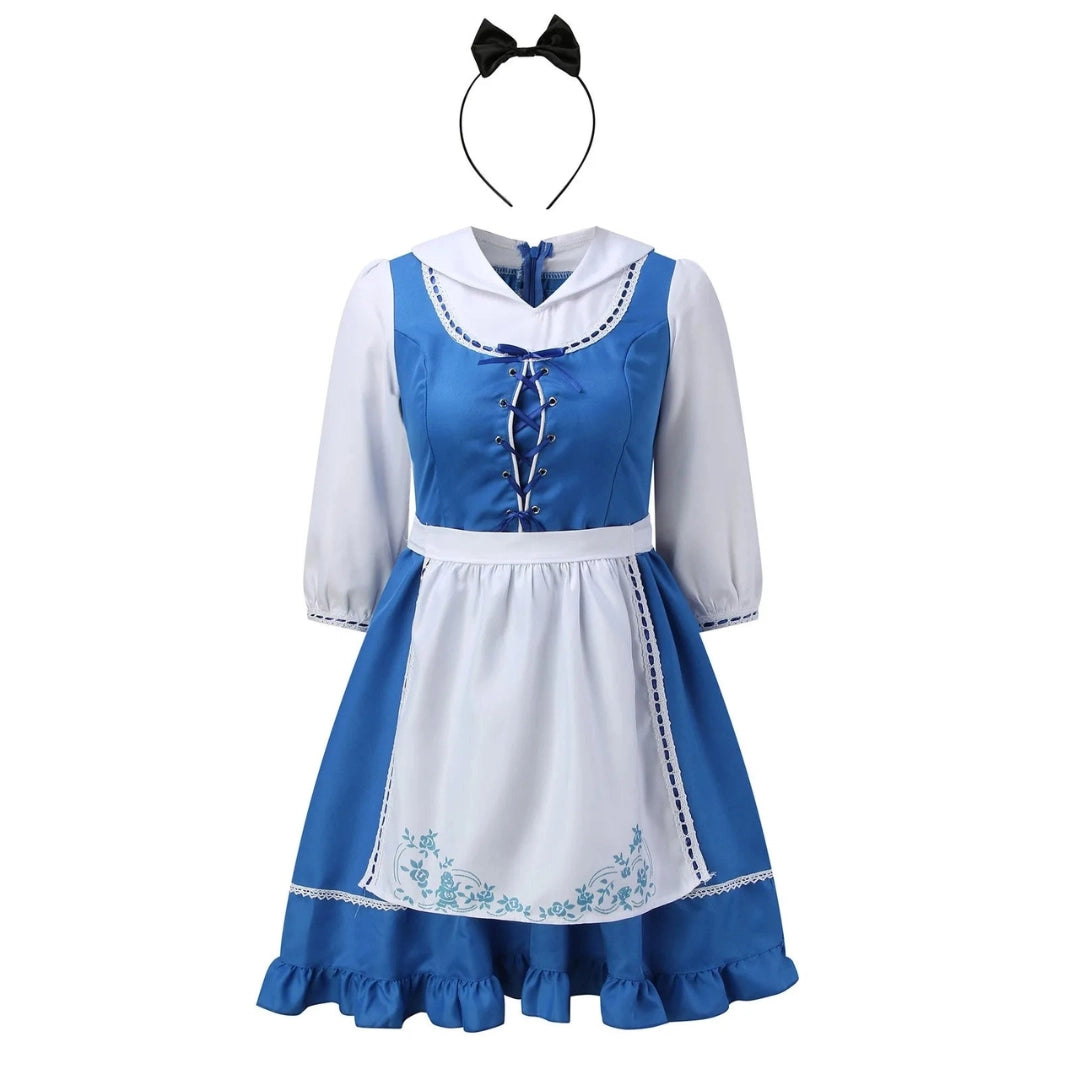 Oktoberfest Maid Costume: Blue and White Floral Dress with Bow Headband
 - ModishWorld