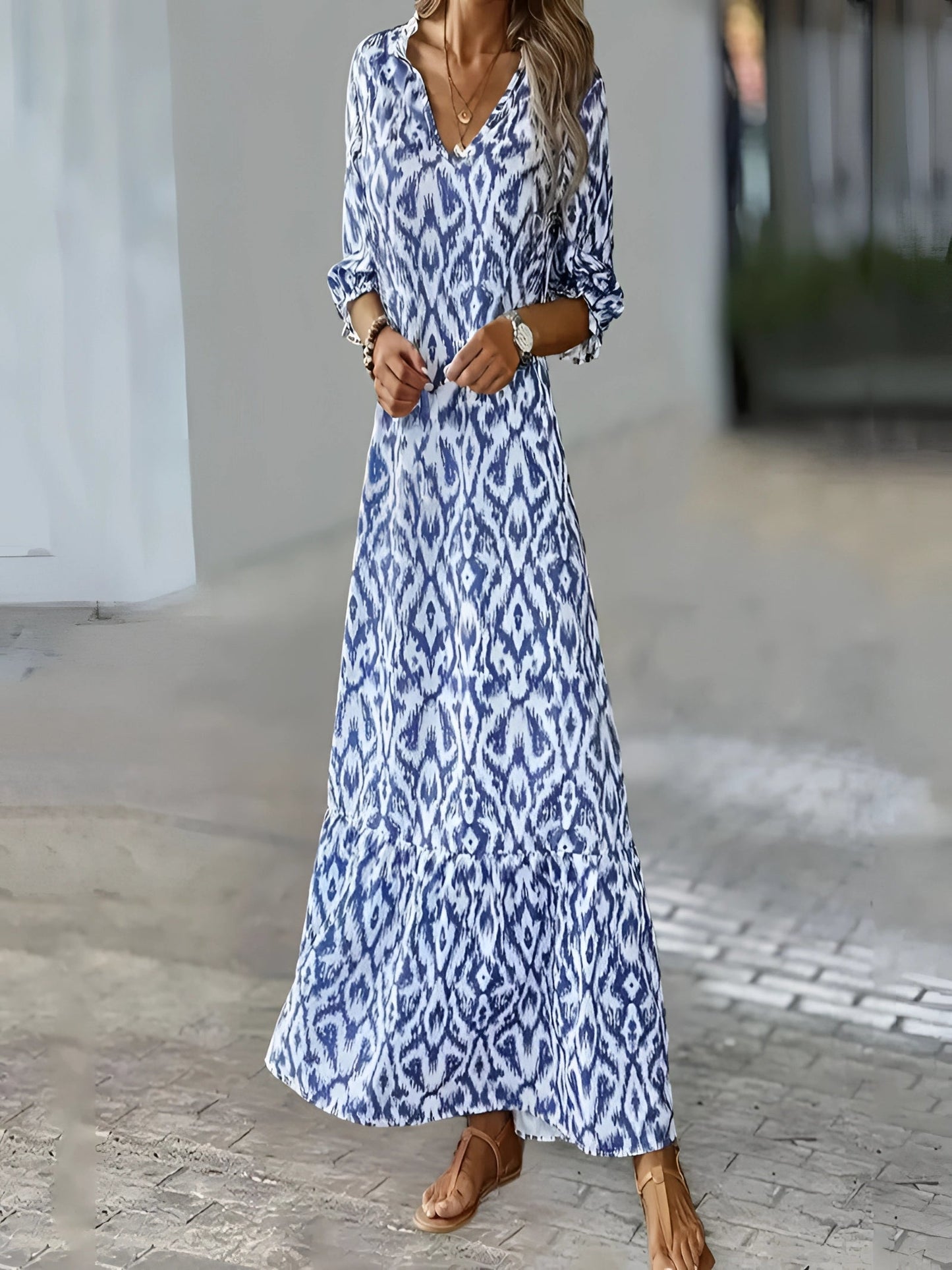 Bohemian Maxi Dress for Women: Blue White Ikat V-Neck, Spring & Summer
 - ModishWorld