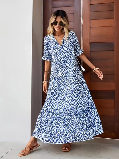 Bohemian Maxi Dress, Blue & White V-Neck, Lightweight Summer Beach Cover-Up
 - ModishWorld