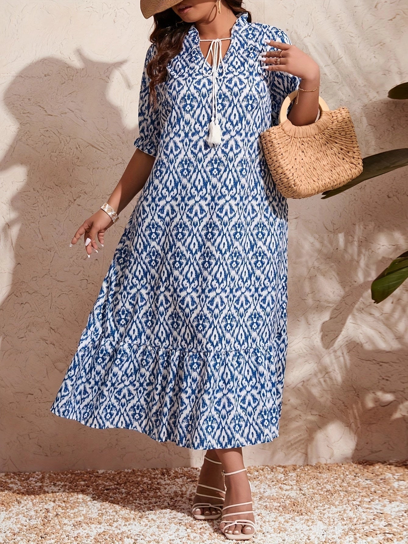 Summer Dress: Bohemian Blue & White Geometric Print, Mid-Length, Flared Sleeves
 - ModishWorld