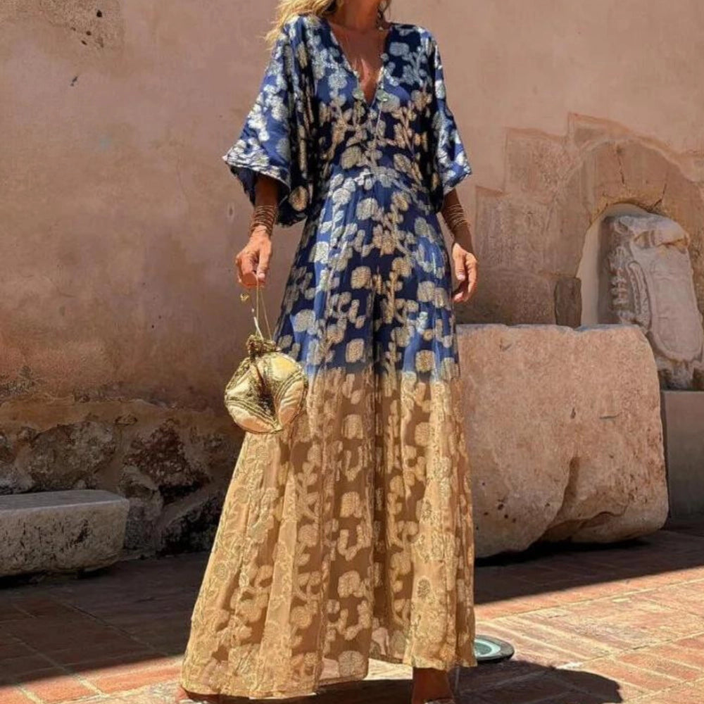 Flowy Blue and Gold Floral Maxi Dress in Bohemian Style – Modish World