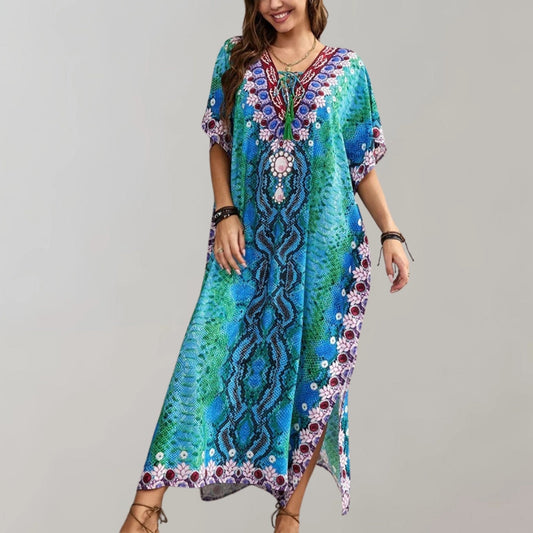 Colorful Bohemian Maxi Dress, Ethnic Print Kaftan for the Beach
 - ModishWorld