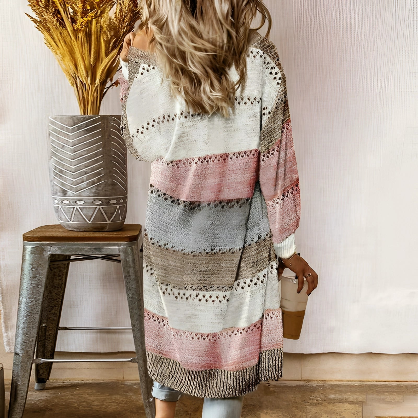 Autumn Multicolor Striped Cardigan Sweater with Fringe Trim in Bohemian Knit
 - ModishWorld