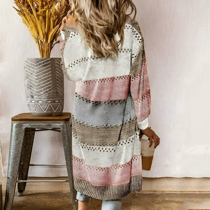 Autumn Multicolor Striped Cardigan Sweater with Fringe Trim in Bohemian Knit
 - ModishWorld
