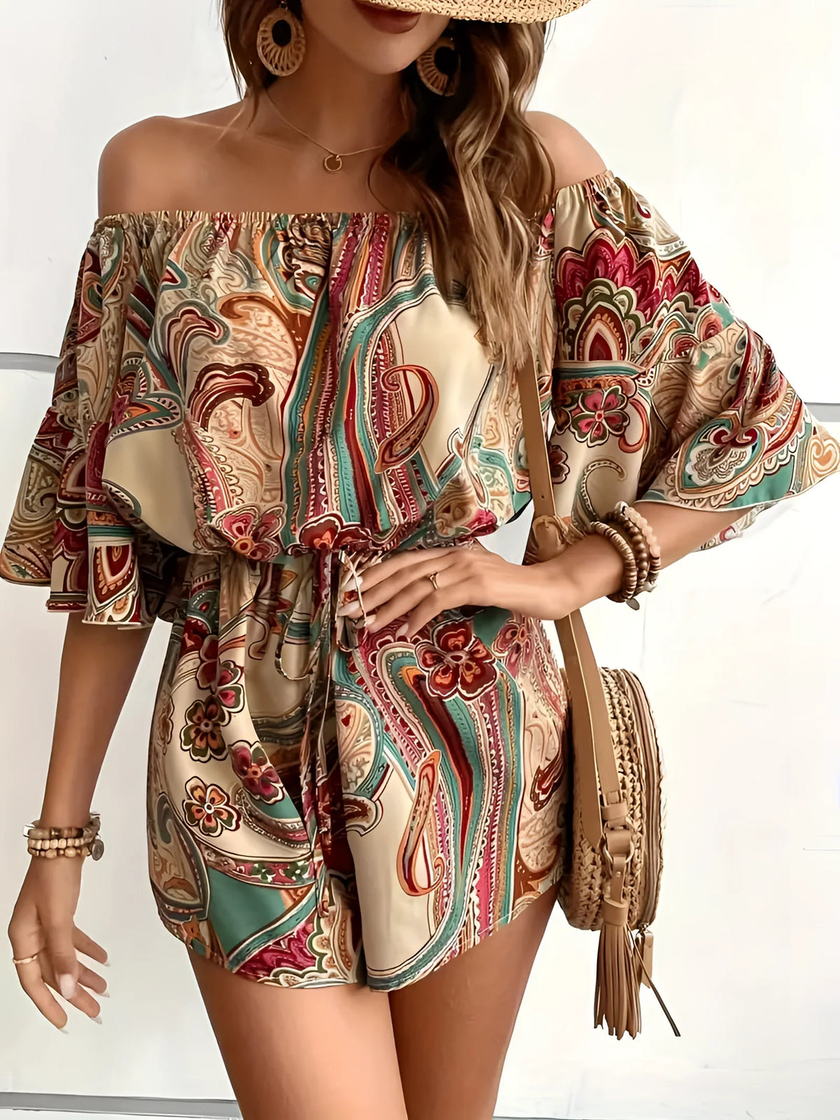 Stylish Bohemian Paisley Off-Shoulder Romper for Women – Modish World
