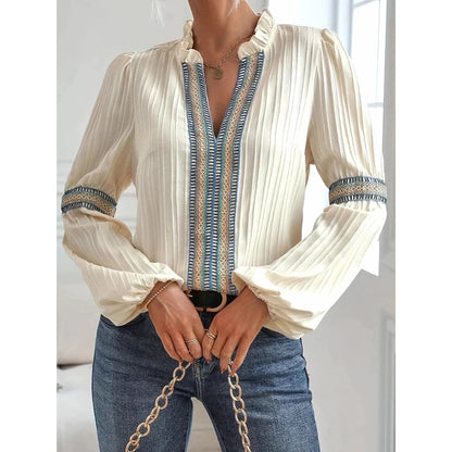Ethnic-trimmed Bohemian Blouse with Pleats and Balloon Sleeves
 - ModishWorld