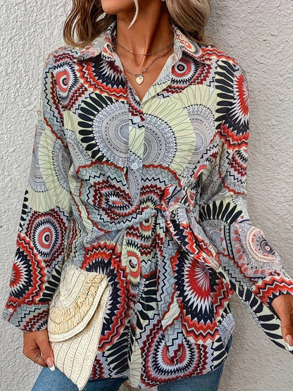 Colorful Geometric Mandala Print V-Neck Blouse with Tie Waist in Bohemian Style
 - ModishWorld