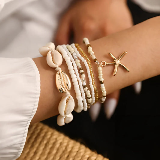 Beach-Inspired Boho Bracelet Set with Gold Seashell and Starfish Charms
 - ModishWorld