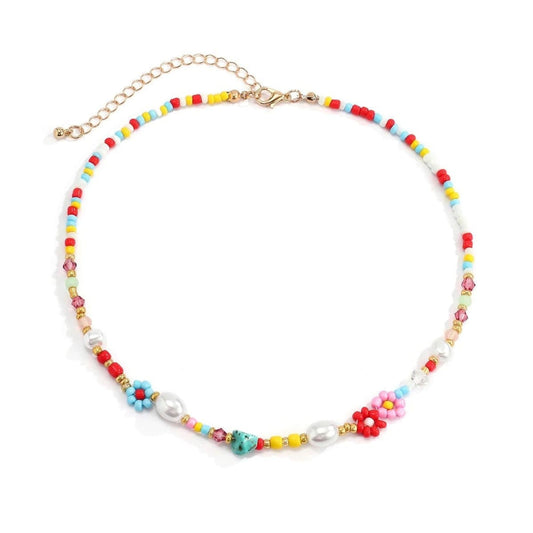 Multicolor Pearl and Floral Boho Bead Choker
 - ModishWorld