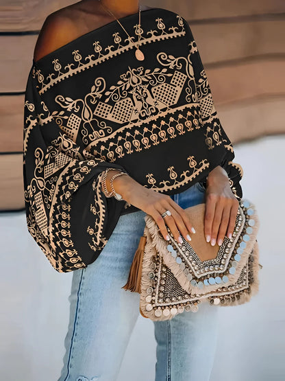 Black Geometric Off-Shoulder Tribal Blouse
 - ModishWorld