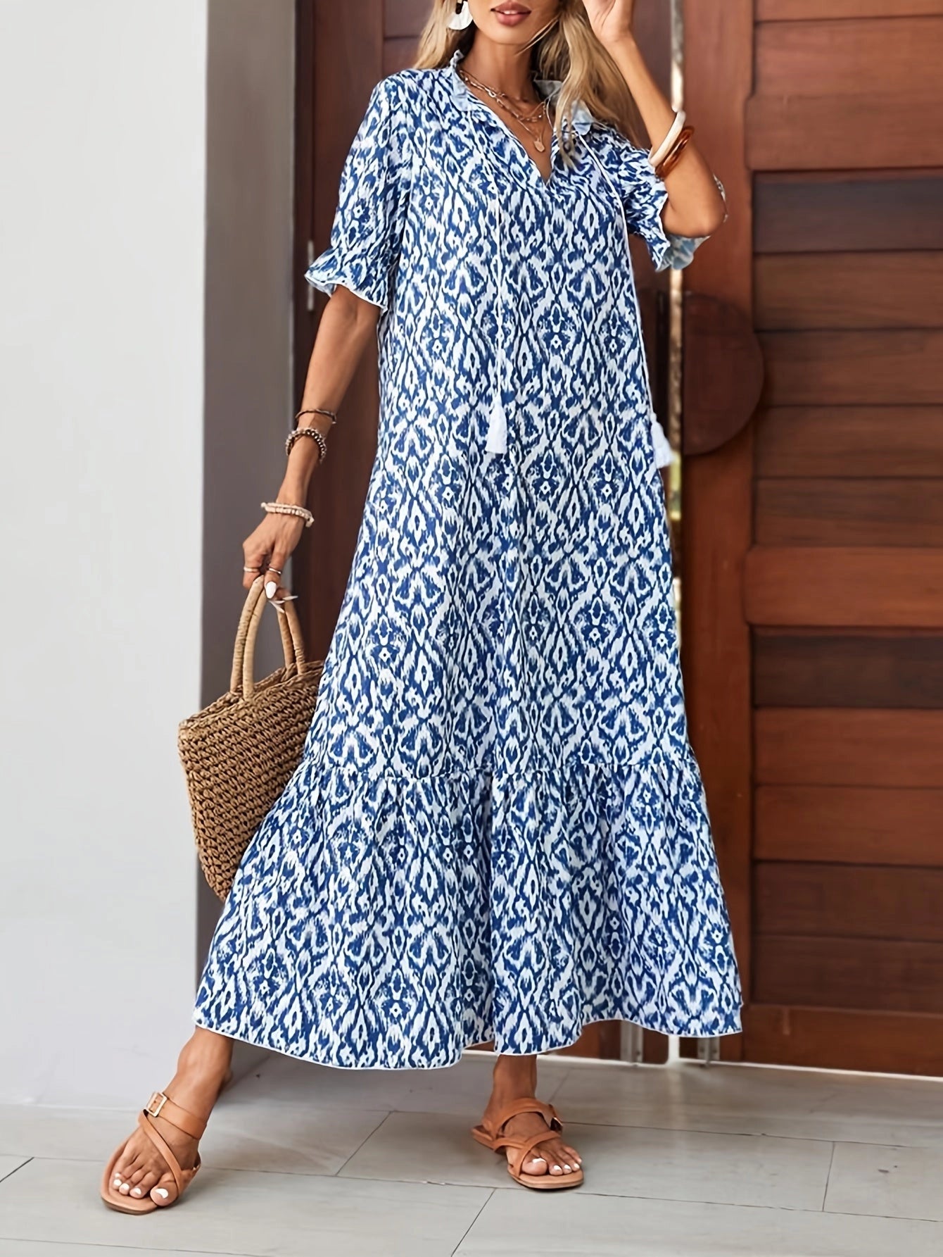 Summer Beach Maxi Dress, Boho Blue Ethnic Print, V-Neck
 - ModishWorld