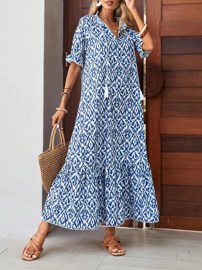 Summer Beach Maxi Dress, Boho Blue Ethnic Print, V-Neck
 - ModishWorld