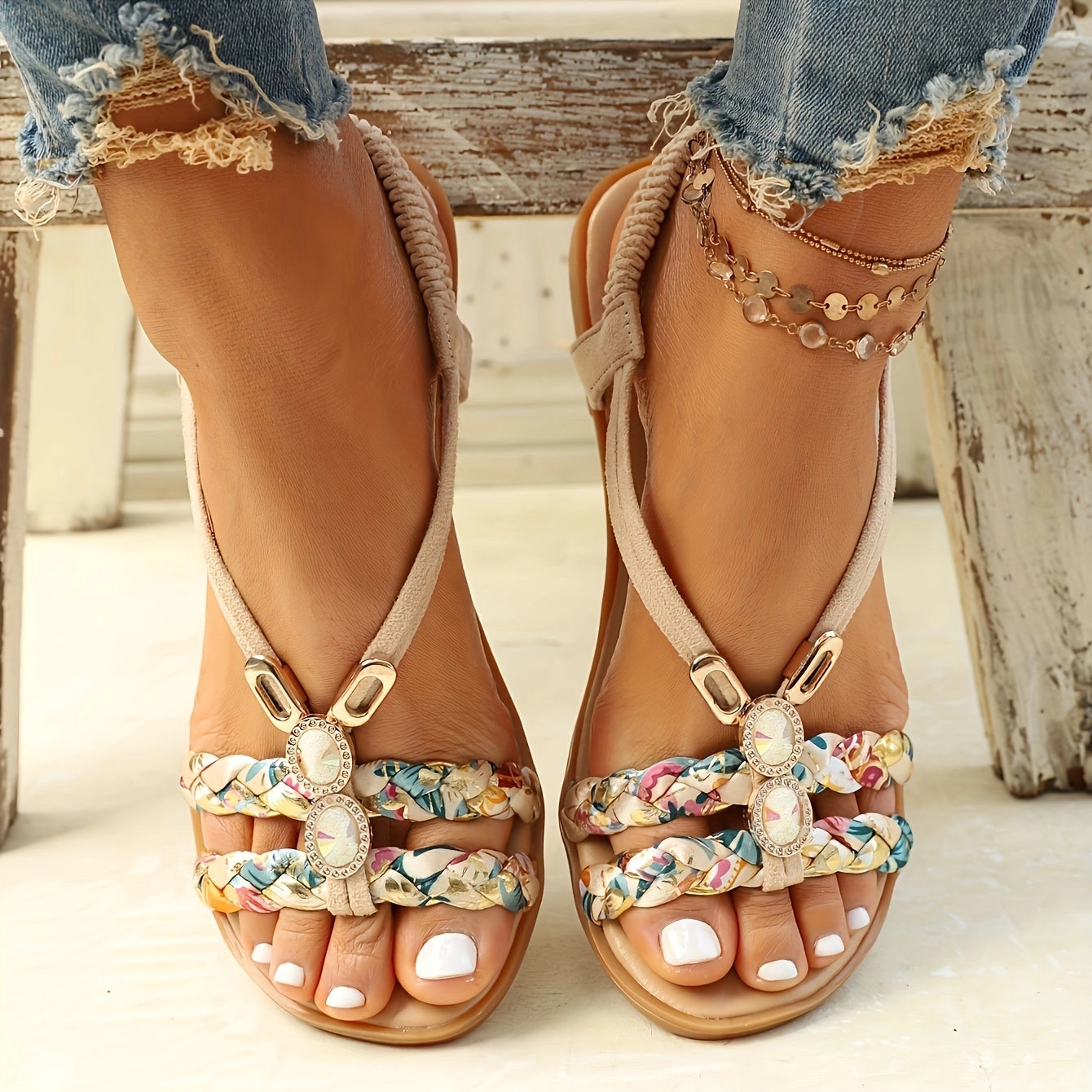 Beaded Sandals with Floral Straps, Ankle Chain, Boho Chic Style
 - ModishWorld