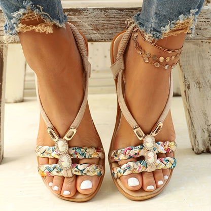 Beaded Sandals with Floral Straps, Ankle Chain, Boho Chic Style
 - ModishWorld