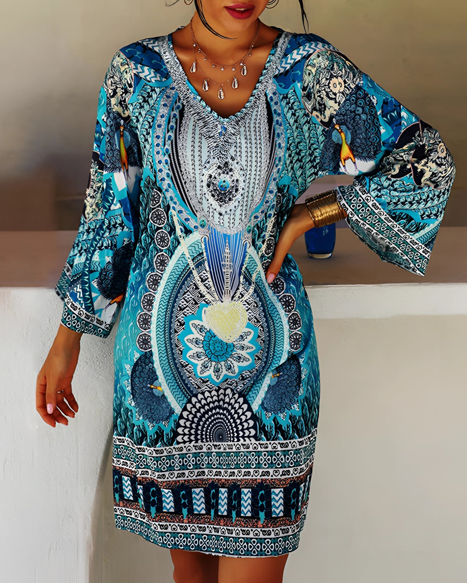 Summer Bohemian Blue Ethnic Print V-Neck Dress: Perfect for Festivals & the Beach
 - ModishWorld