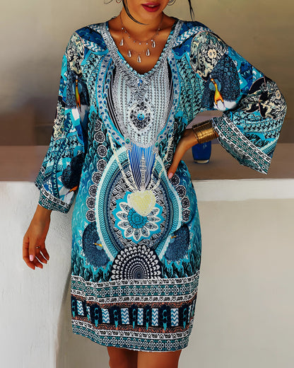 Summer Bohemian Blue Ethnic Print V-Neck Dress: Perfect for Festivals & the Beach
 - ModishWorld