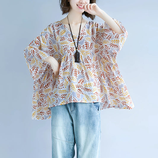 Women's Bohemian V-Neck Blouse with Leaf Print and Wide Sleeves
 - ModishWorld