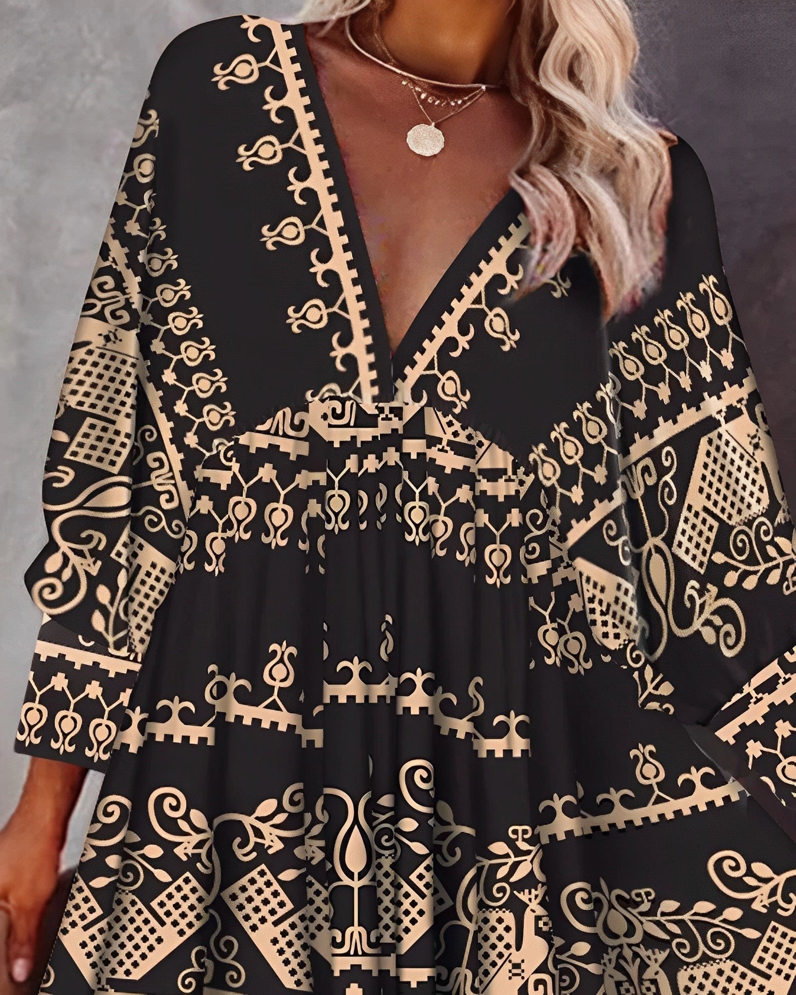 Casual Autumn Mini Dress with Tribal Print and V-Neck - Boho Chic Style
 - ModishWorld