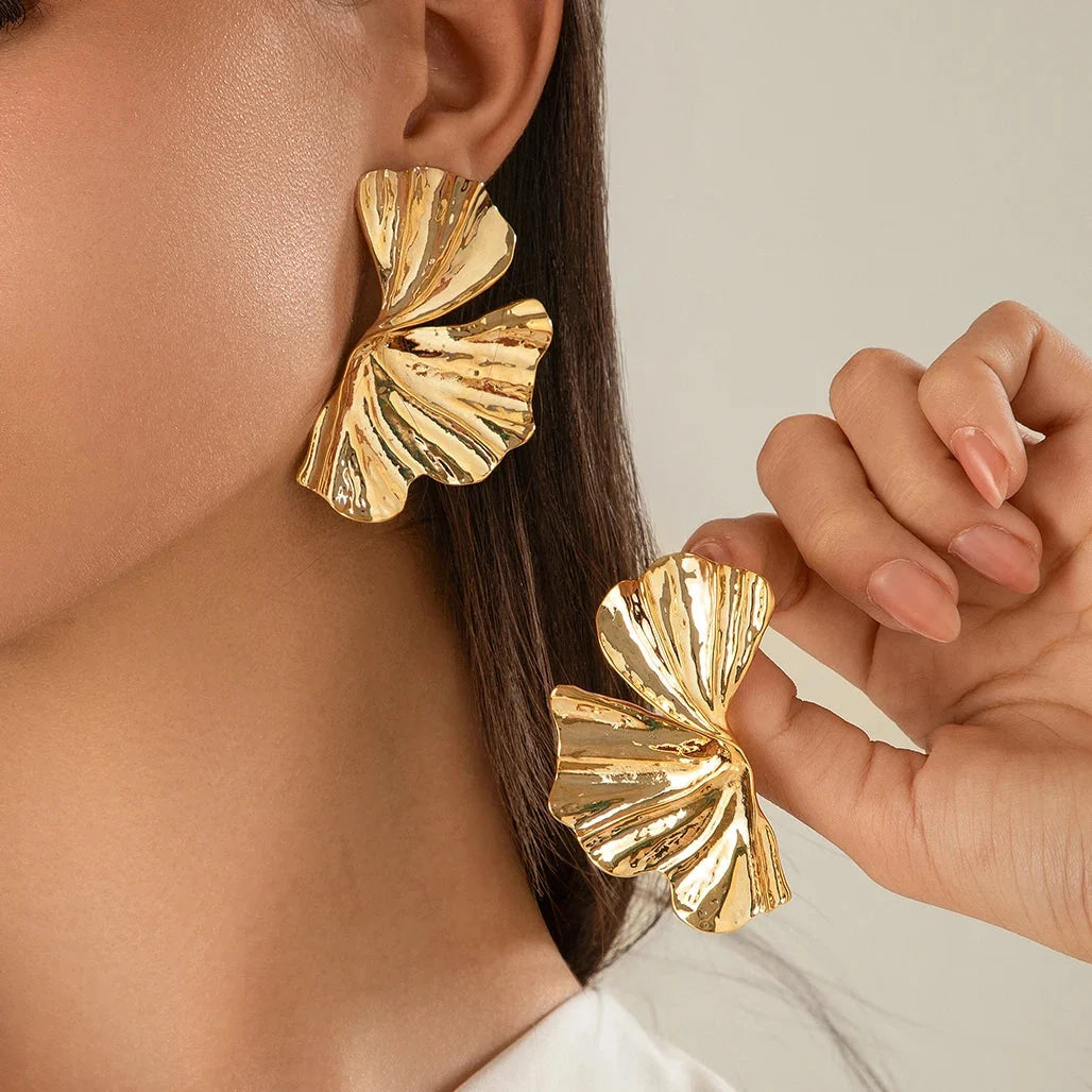 Large Botanical Gold Leaf Earrings with Textured Bold Design
 - ModishWorld