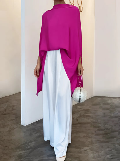 Asymmetric Evening Poncho and Palazzo Set in Bright Pink and White
 - ModishWorld
