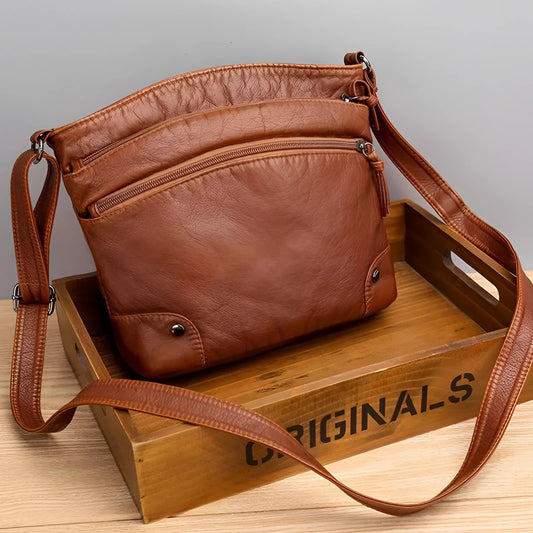 Women's Brown Leather Crossbody Bag, Zippered Pockets
 - ModishWorld