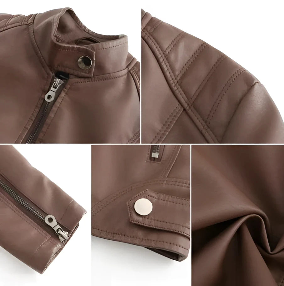 Quilted Shoulder Brown Leather Jacket with Snap Collar and Zipper Cuffs
 - ModishWorld
