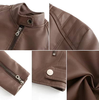 Quilted Shoulder Brown Leather Jacket with Snap Collar and Zipper Cuffs
 - ModishWorld