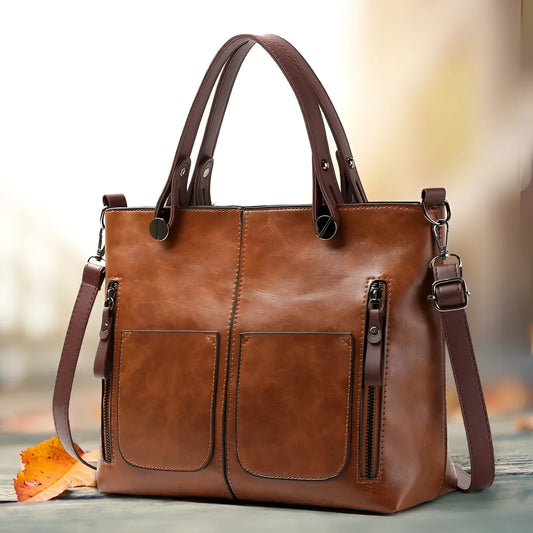 Vintage Brown Leather Tote & Shoulder Bag with Multiple Pockets
 - ModishWorld